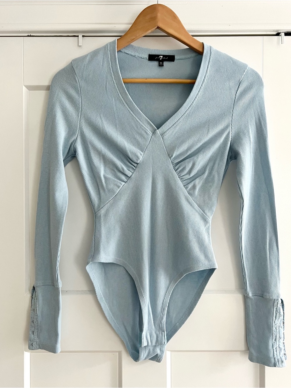7 For All Mankind Ribbed Long Sleeve Bodysuit Light Blue XS Ruched V-Neck